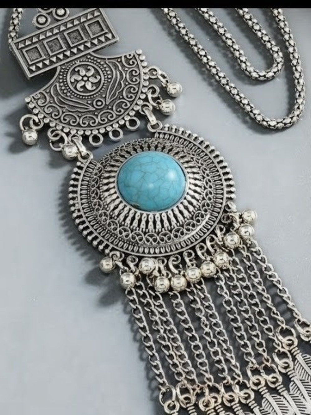 Bohemian Silver Pendant Necklace with Turquoise Stone New